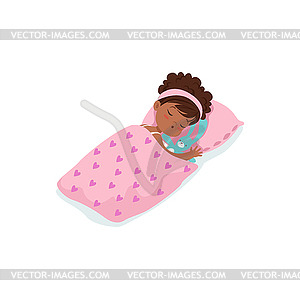 Adorable african little girl sleeping on her bed - vector image