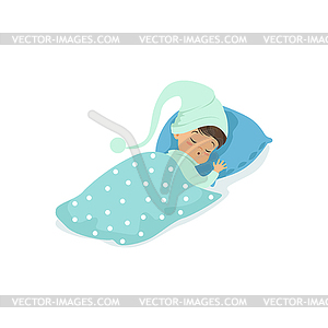 Adorable little boy sleeping on his bed wearing blu - vector image