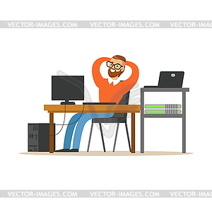 Smiling man working on computer in office, network - vector image