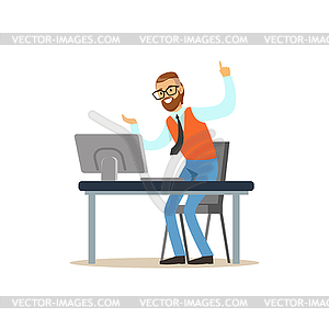 Счастливый человек, работающих на компьютере в офисе и имеющих - изображение в векторном виде