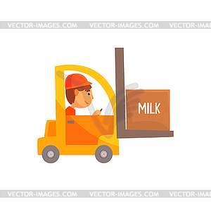 Yellow forklift truck with box of milk, dairy - vector clip art