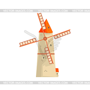 Ancient windmill, medieval stone building cartoon - vector clipart