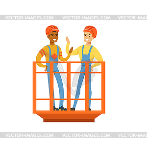 Говорящие и улыбающиеся мужские шахтеры в военной форме - стоковое векторное изображение