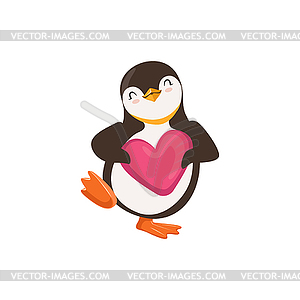 Cute Penguin Toon Is Holding Pink Heart And Dancing - vector image