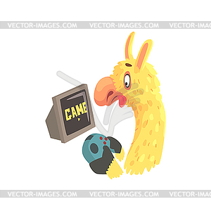 Смешной символ ламы, играющий в компьютерные игры, симпатичный - клипарт в векторном формате
