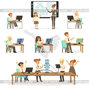 School children at informatics and programming - vector image