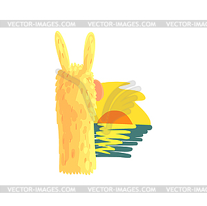 Llama character enjoying ocean sunset, cute alpaca - vector clipart