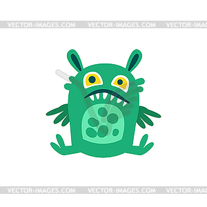 Funny green cartoon monster sitting on floor, - vector clipart