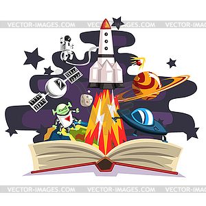 Open book with rocket, astronaut, planets, stars, - vector image