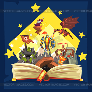 Open book with legend, fairy tail fantasy book - vector clip art