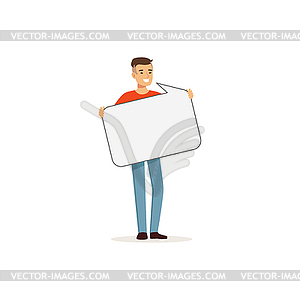 Smiling man character with empty message board, - vector clipart