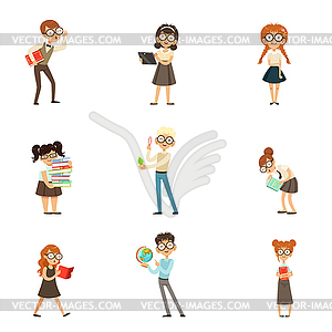 Smart kids with books set - vector clipart