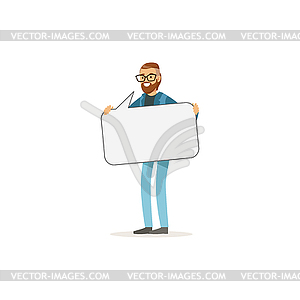 Bearded man character with empty message board, - vector image