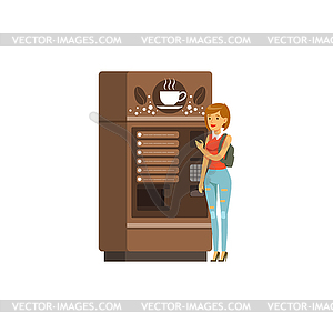 Young woman using coffee vending machine, - color vector clipart