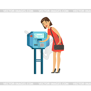 Woman using automatic vending machine, people - vector clip art