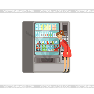 Молодая женщина, используя автоматический торговый автомат с - векторизованное изображение