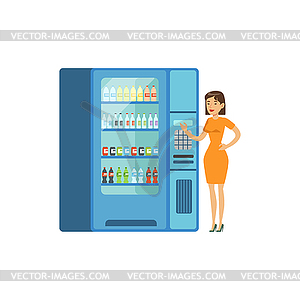 Young woman standing next to automatic vending - vector clipart