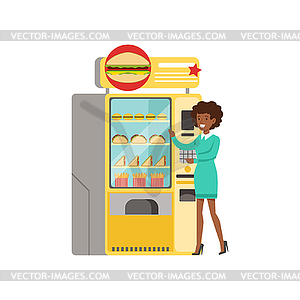 Young woman standing next to automatic vending - vector clip art