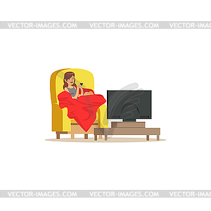 Young woman sitting on armchair with red blanket - vector image