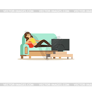 Young brunette woman sitting on sofa in living - vector clipart