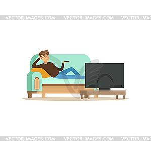 Young man sitting on sofa in living room in front o - vector clip art