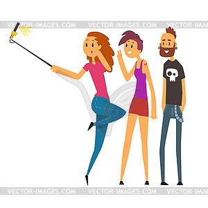 Group of happy young people taking selfie photo - vector clip art