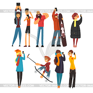 Different happy people taking selfie photo cartoon s - vector clip art