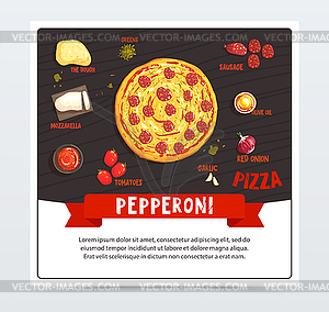 Pepperoni pizza label, pizzeria menu, whole hot - vector clipart