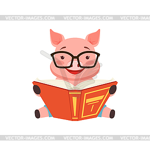 Cute smart pig sitting on floor anf reading book, - vector image