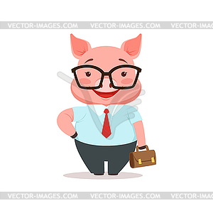 Cute smiling pig businessman, funny cartoon animal - vector image