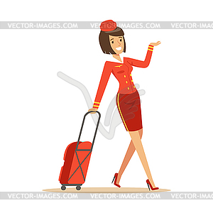 Pretty smiling stewardess carrying her luggage - vector image