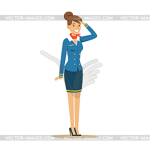 Young smiling stewardess in blue uniform - royalty-free vector image