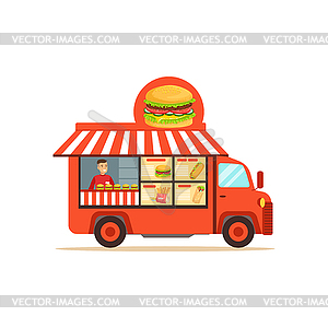 Flat street food van with junk food - vector clipart