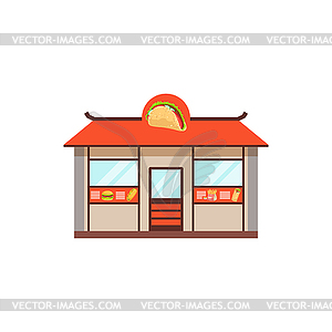 Продуктовый магазин с плоской улицей с нездоровой пищей - рисунок в векторном формате
