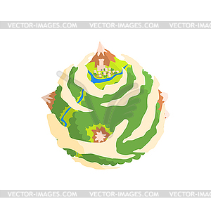 Green planet with mountains and castle towers - vector clip art