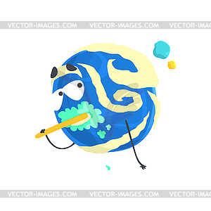 Cute humanized blue planet character brushing its - vector clipart