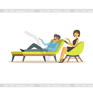 Male patient character talking to female - vector clipart