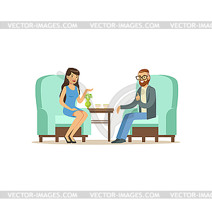 Beautiful female patient character talking to male - vector clip art