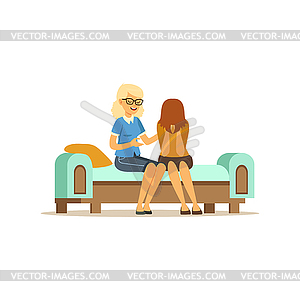 Unhappy female patient character talking to female - color vector clipart