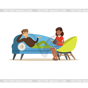 Male patient character lying on sofa and talking - vector clip art