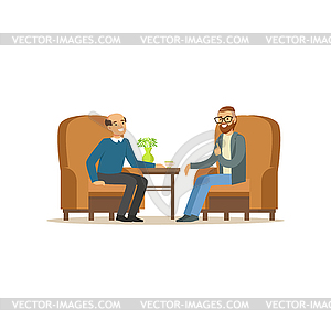Smiling male patient character talking to male - vector clipart