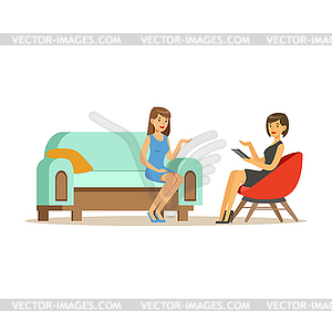 Beautiful female patient character talking to femal - vector image