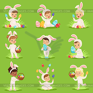 Easter set with eggs and children in bunny costumes - vector clip art