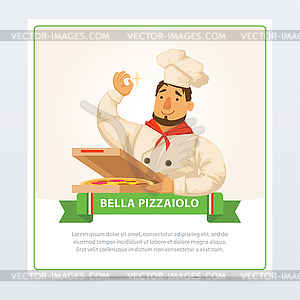 Cartoon character of italian pizzaiolo holding pizz - vector clip art