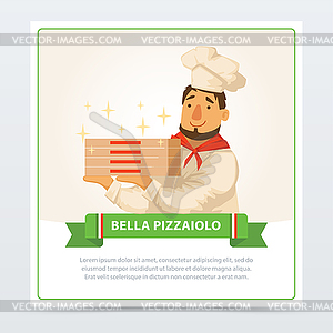 Cartoon character of italian pizzaiolo holding pizz - color vector clipart