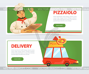 Banner with italian pizzaiolo and delivery service - vector image