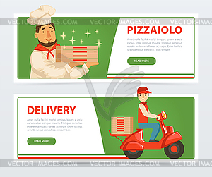 Banner with italian pizzaiolo and delivery service - vector clipart