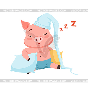 Cute pig in hat sleeping, funny cartoon animal - vector image