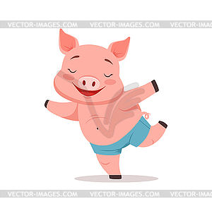 Cute happy pig having fun, funny cartoon animal - vector clipart