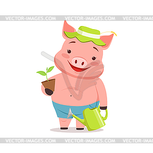 Cute pig gardener standing with watering can and - vector image